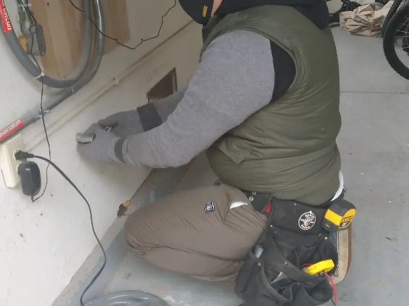 Electrician performing outlet wiring in a Irvine garage